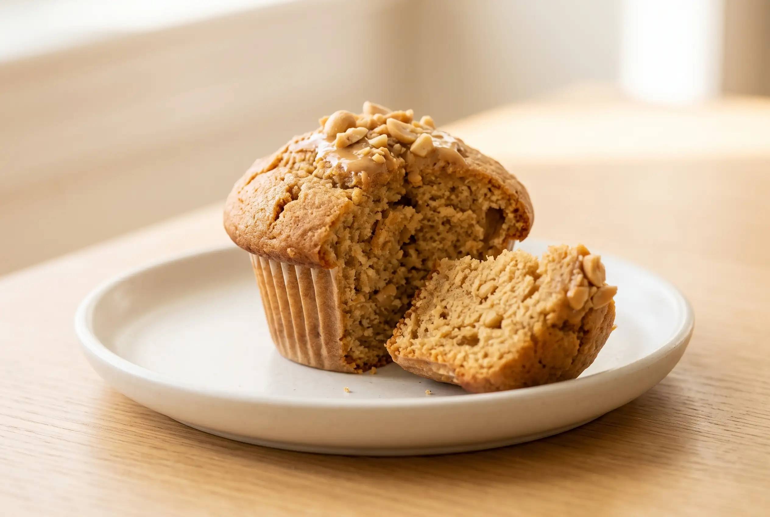 Peanut Butter Muffin Freshly baked peanut butter muffin with golden-brown top and moist crumb on a plate
