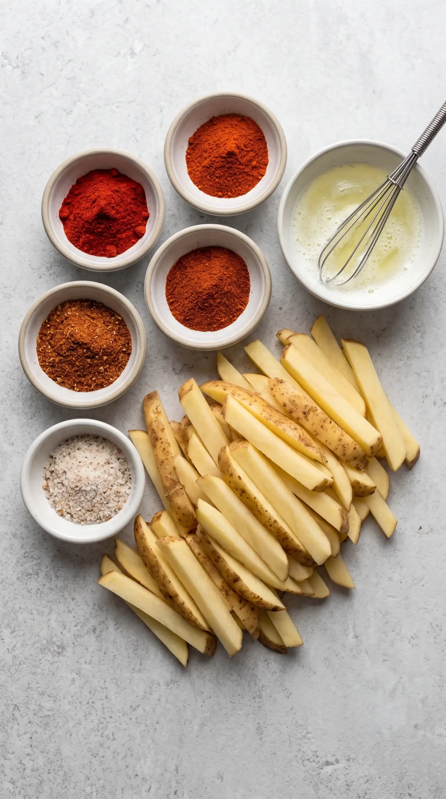 Idaho potatoes, spices, and egg whites prepared for baked spicy fries