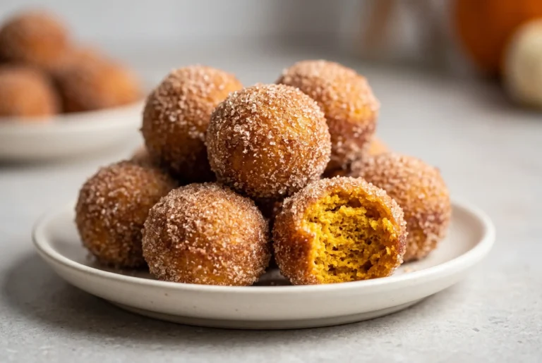 Pumpkin donut balls with cinnamon sugar coating on a plate, with one broken open showing a soft pumpkin crumb.