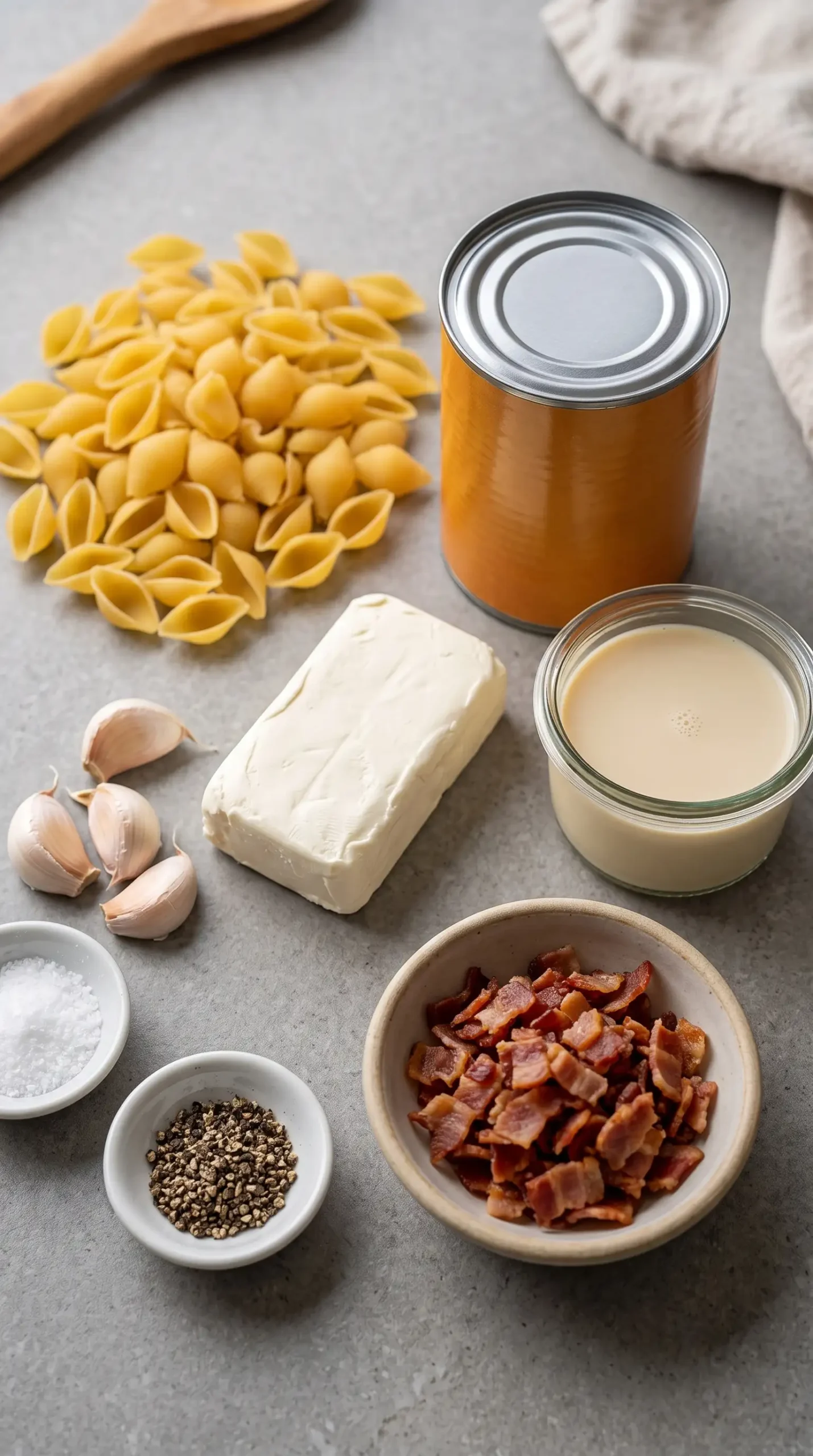 Ingredients for pumpkin pasta sauce with pumpkin puree, cream cheese, milk, garlic, bacon, and shells