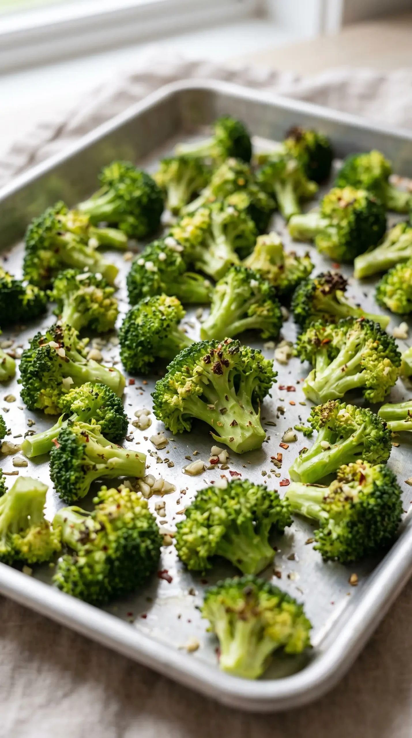 Broccoli florets roasting on a baking sheet for garlic butter pasta
