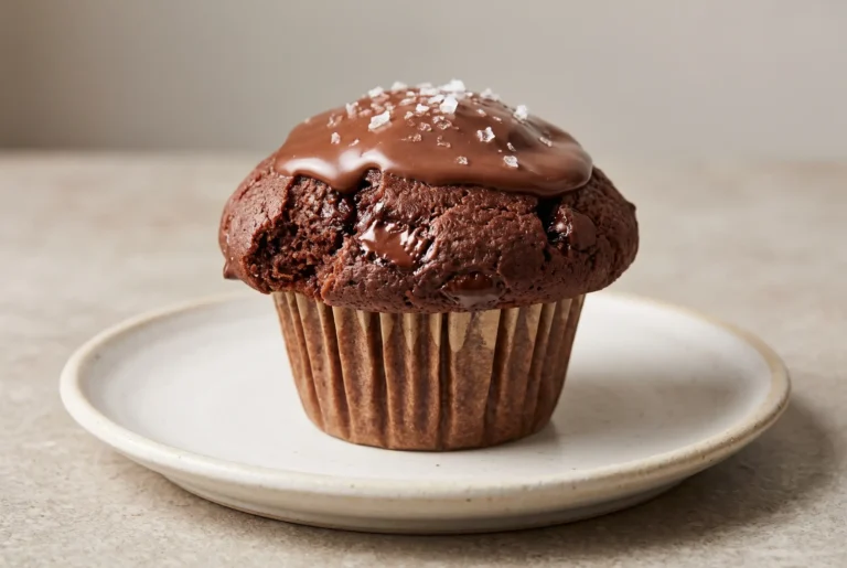 Salted double chocolate muffin with chocolate glaze and flaky sea salt on a ceramic plate