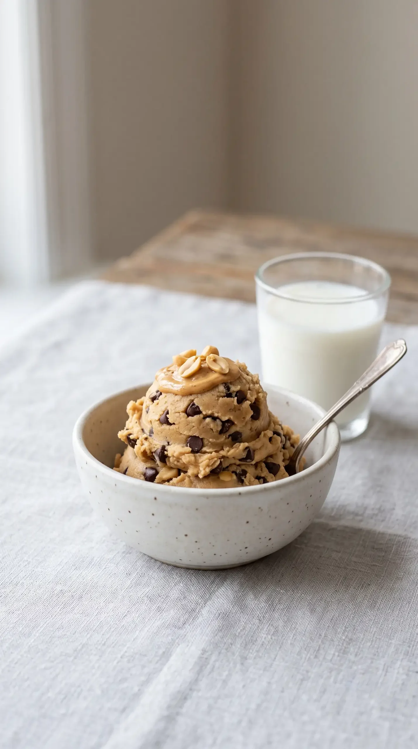 Chilled chocolate chip peanut butter cookie dough portion served with a glass of milk