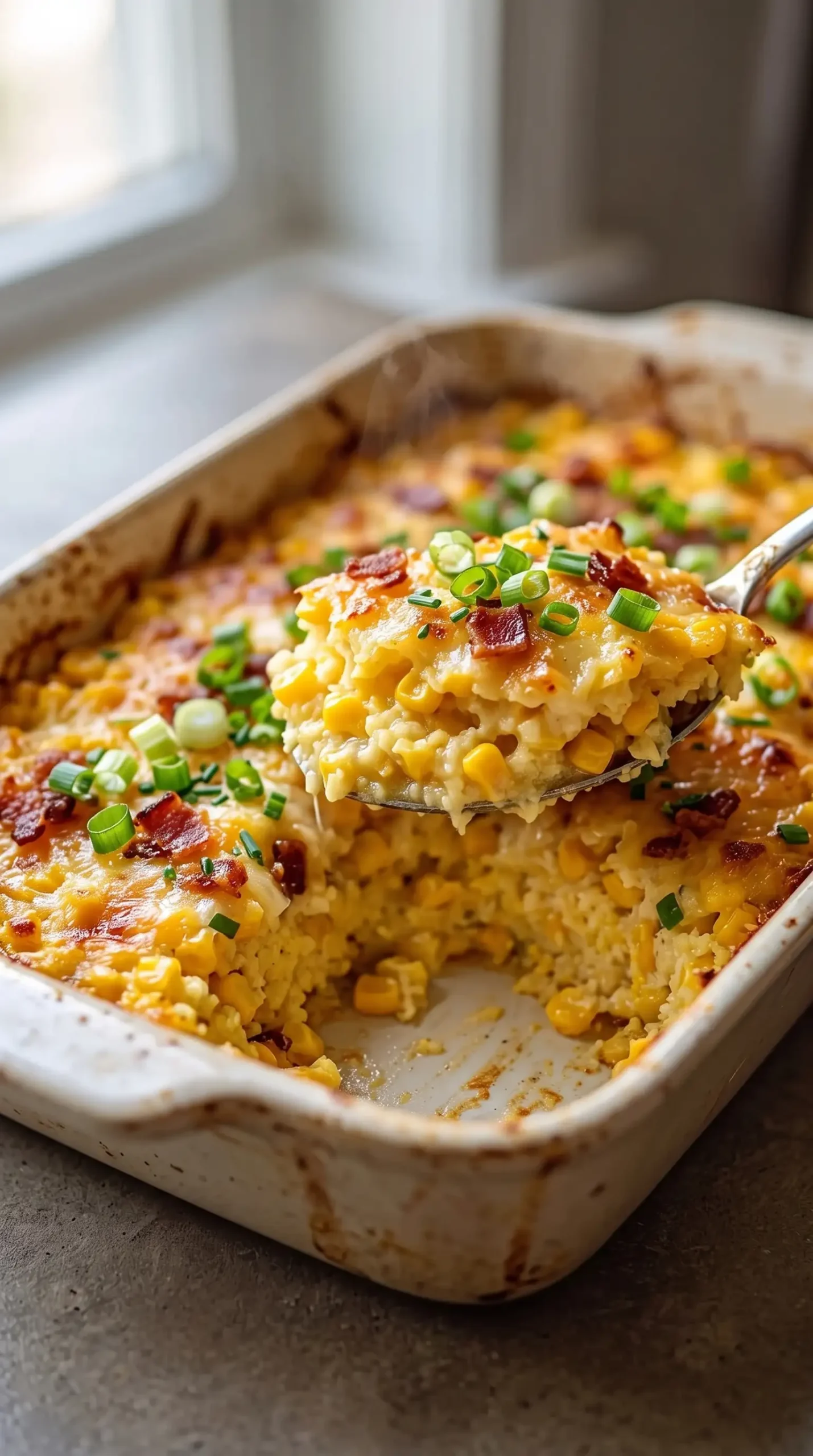 Serving of creamy baked corn casserole with bacon and scallion topping from baking dish