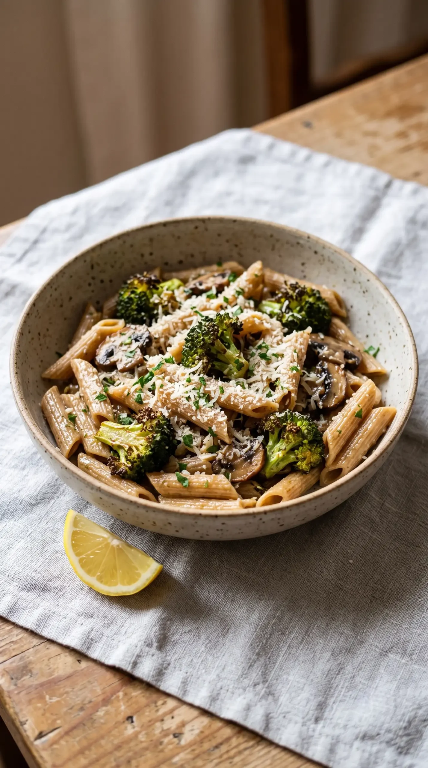 Garlic butter pasta with roasted broccoli, mushrooms, cheese, and herbs