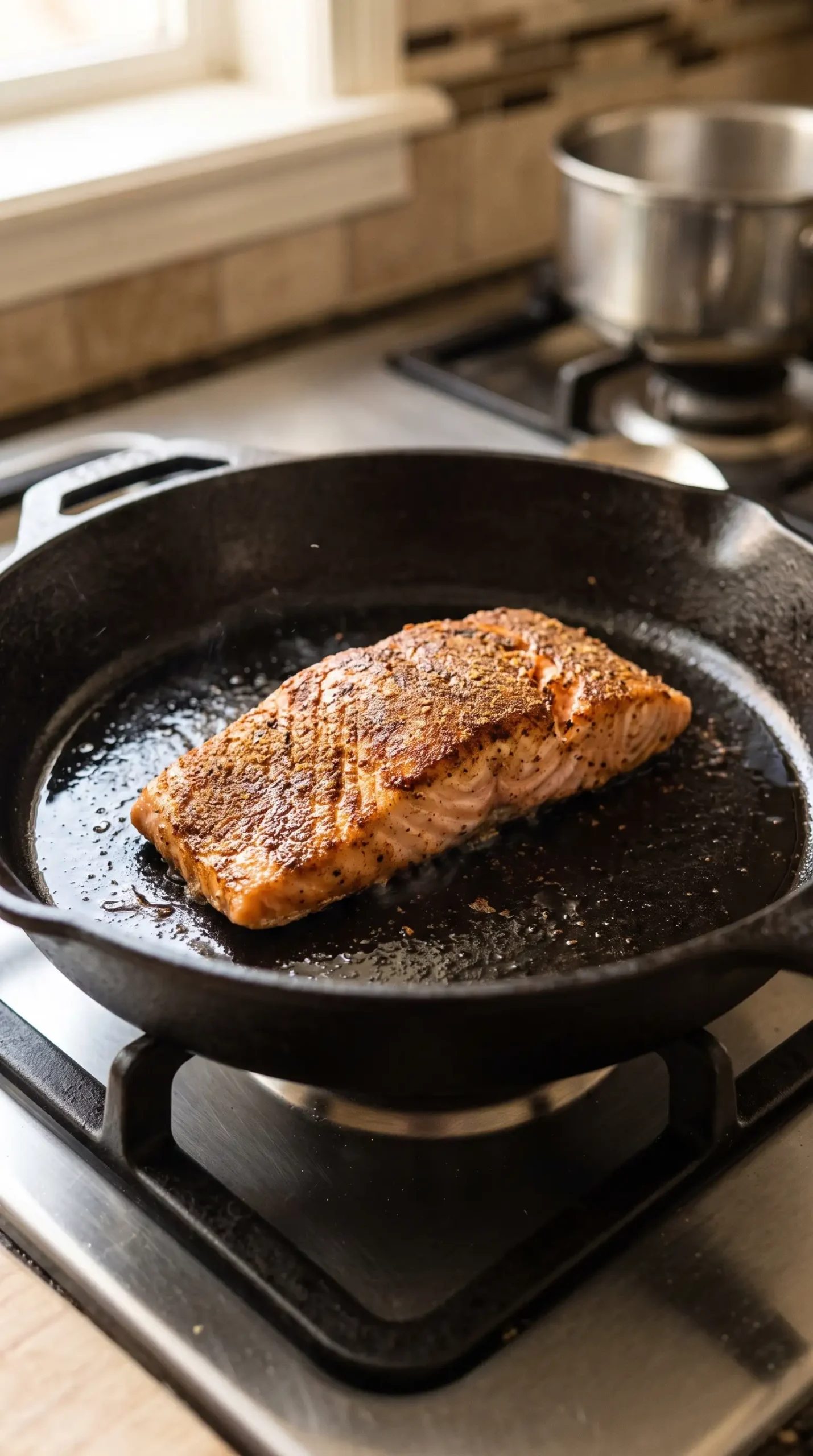 Seasoned salmon fillet searing skin-side down in a skillet for jerk salmon