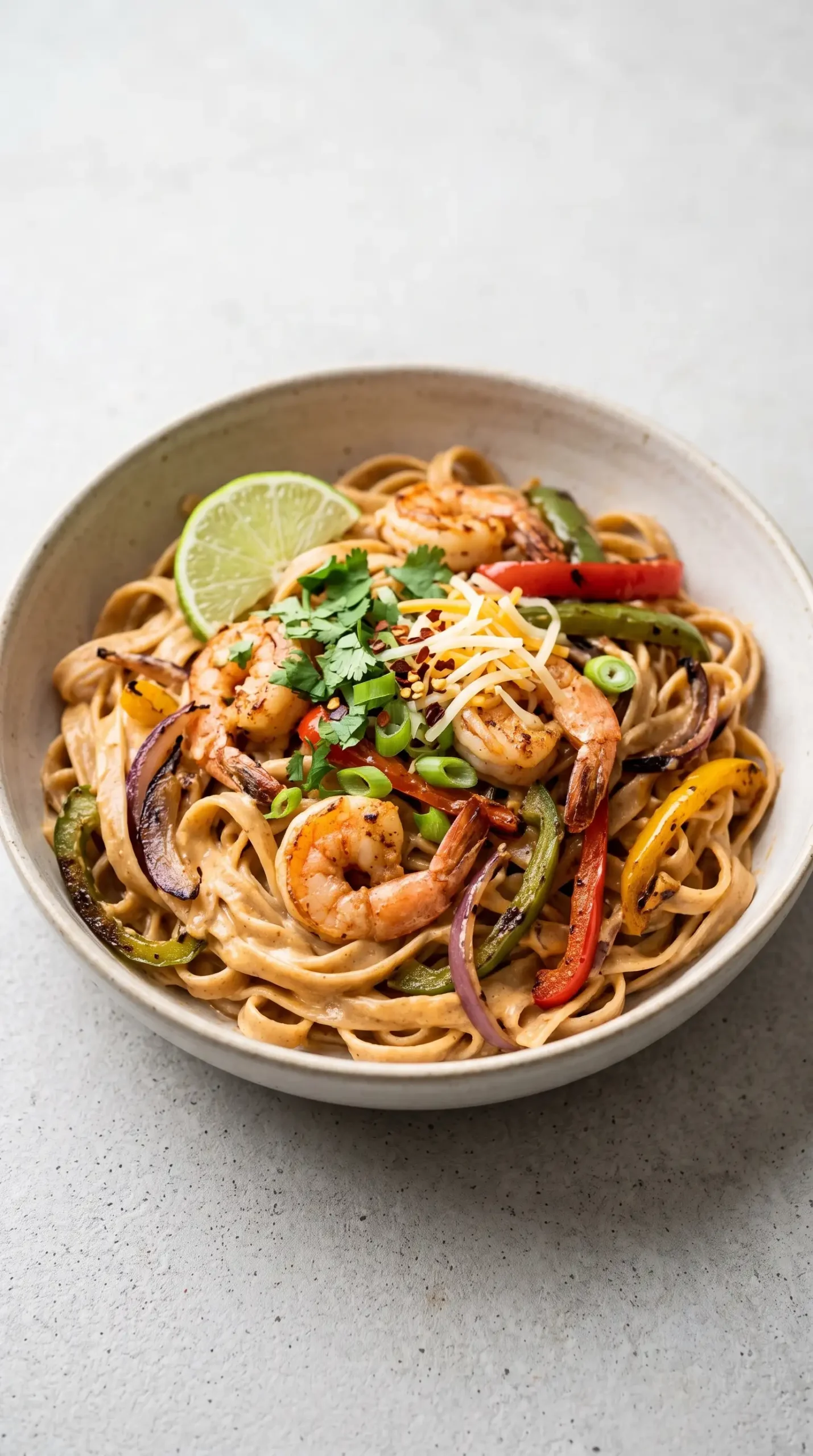 Skinny fajita shrimp pasta with creamy sauce, shrimp, peppers, onions, lime, and cilantro