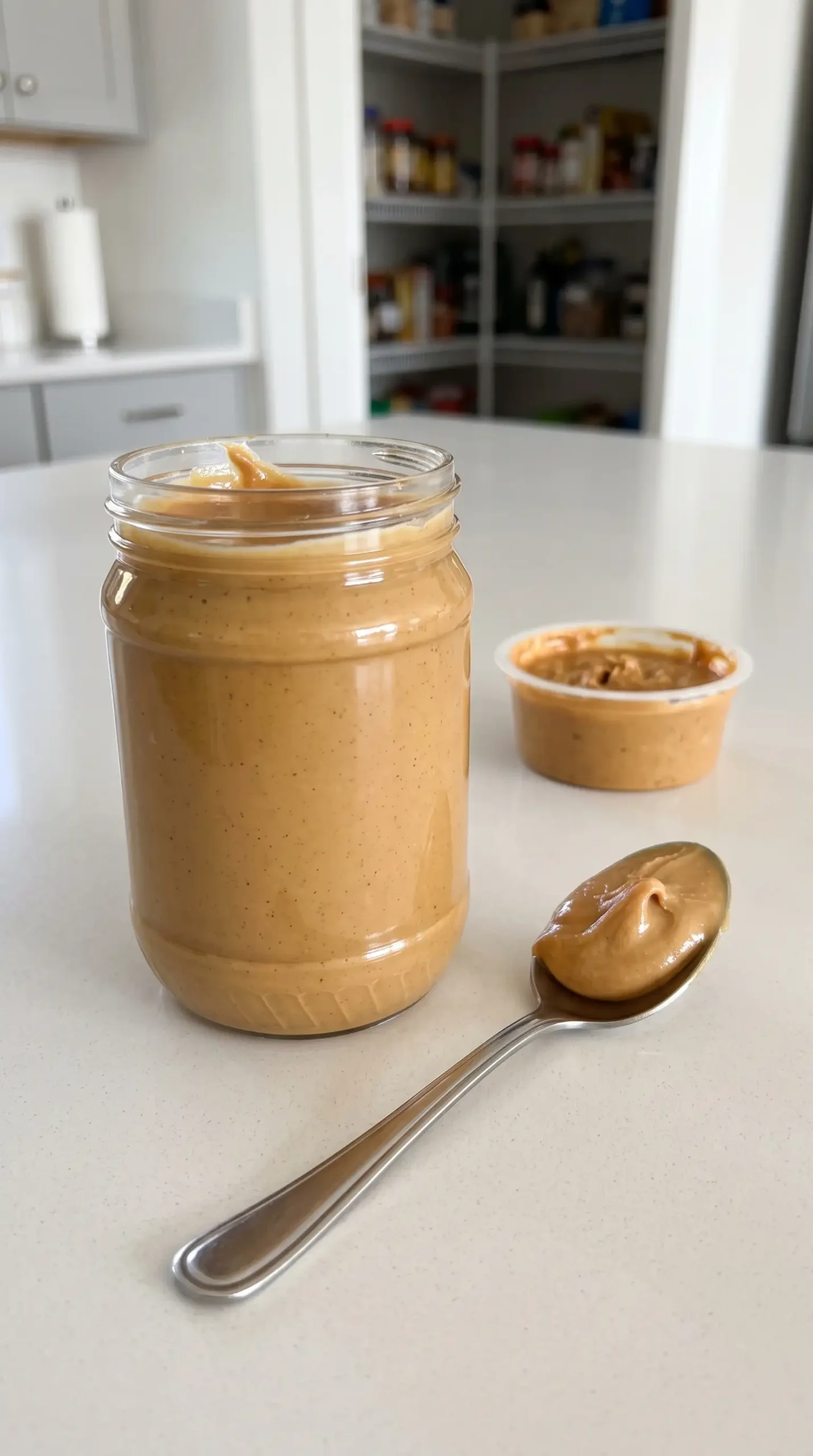 Jar of smooth peanut butter with a spoonful of creamy texture on a kitchen counter