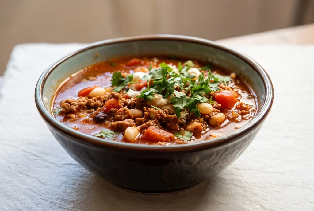 Bowl of spicy sausage posole with red tomato broth, hominy, sausage pieces, and cilantro topping