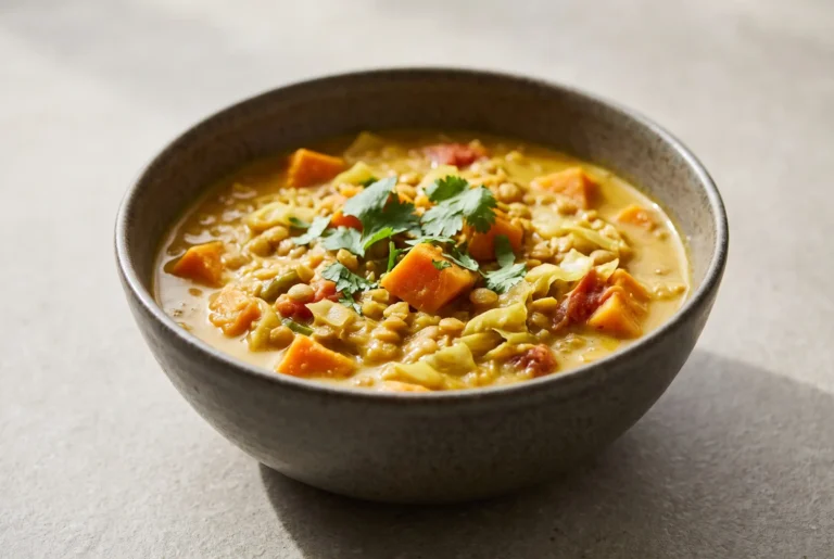 Thai sweet potato lentil bowl with coconut milk, sweet potatoes, lentils, and cilantro garnish