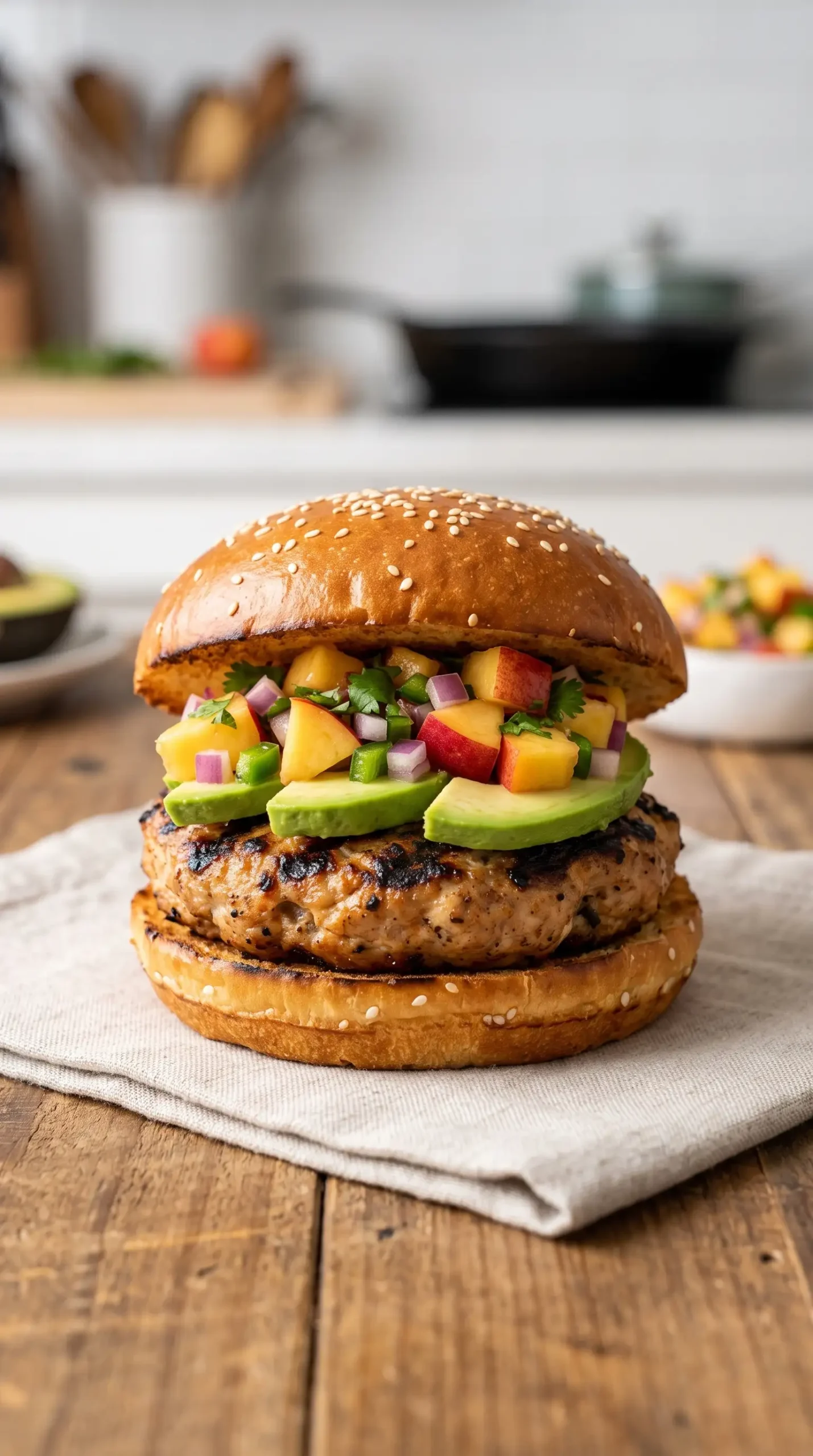 Finished turkey burger with avocado and nectarine salsa on a toasted bun