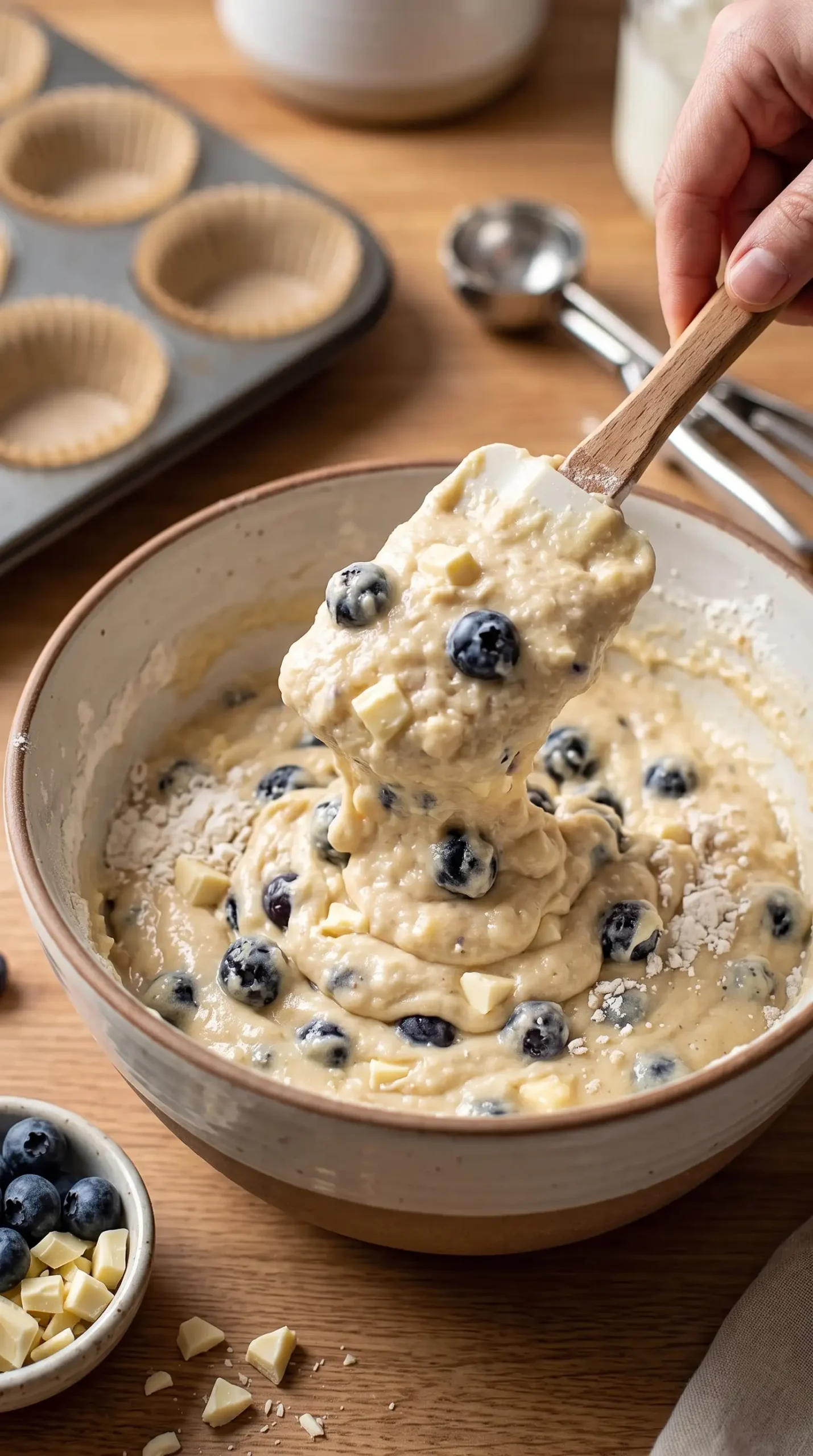 Thick muffin batter with blueberries and white chocolate pieces being folded in a bowl