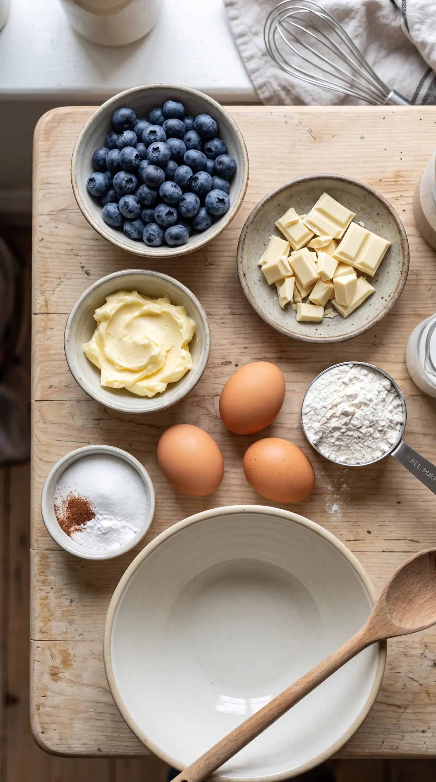 Ingredients for white chocolate blueberry muffins with blueberries, chocolate pieces, butter, eggs, and flour