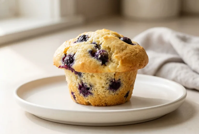 White chocolate blueberry muffin with blueberries and melted chocolate pieces on a plate