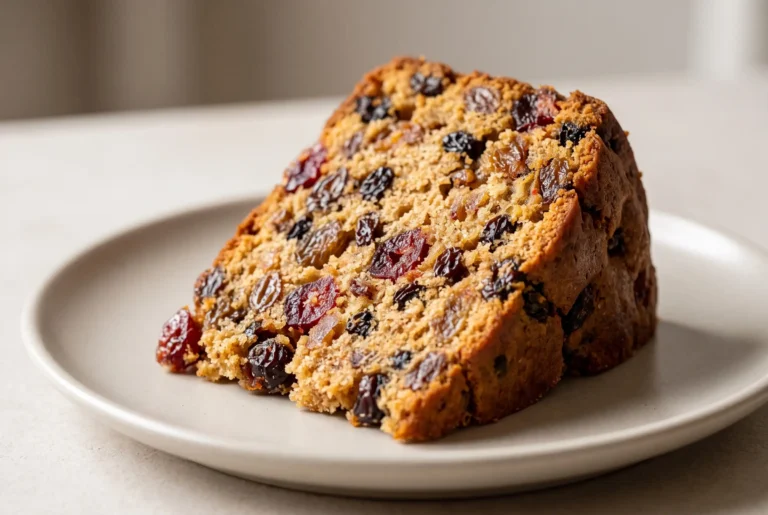 Slice of 3 ingredient fruit cake with raisins, cherries, currants, and dates on a ceramic plate