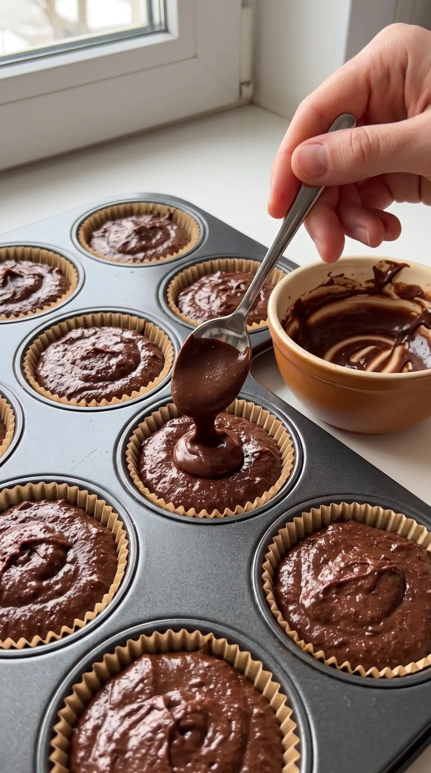 Chocolate fudge filling being added to muffin batter before baking