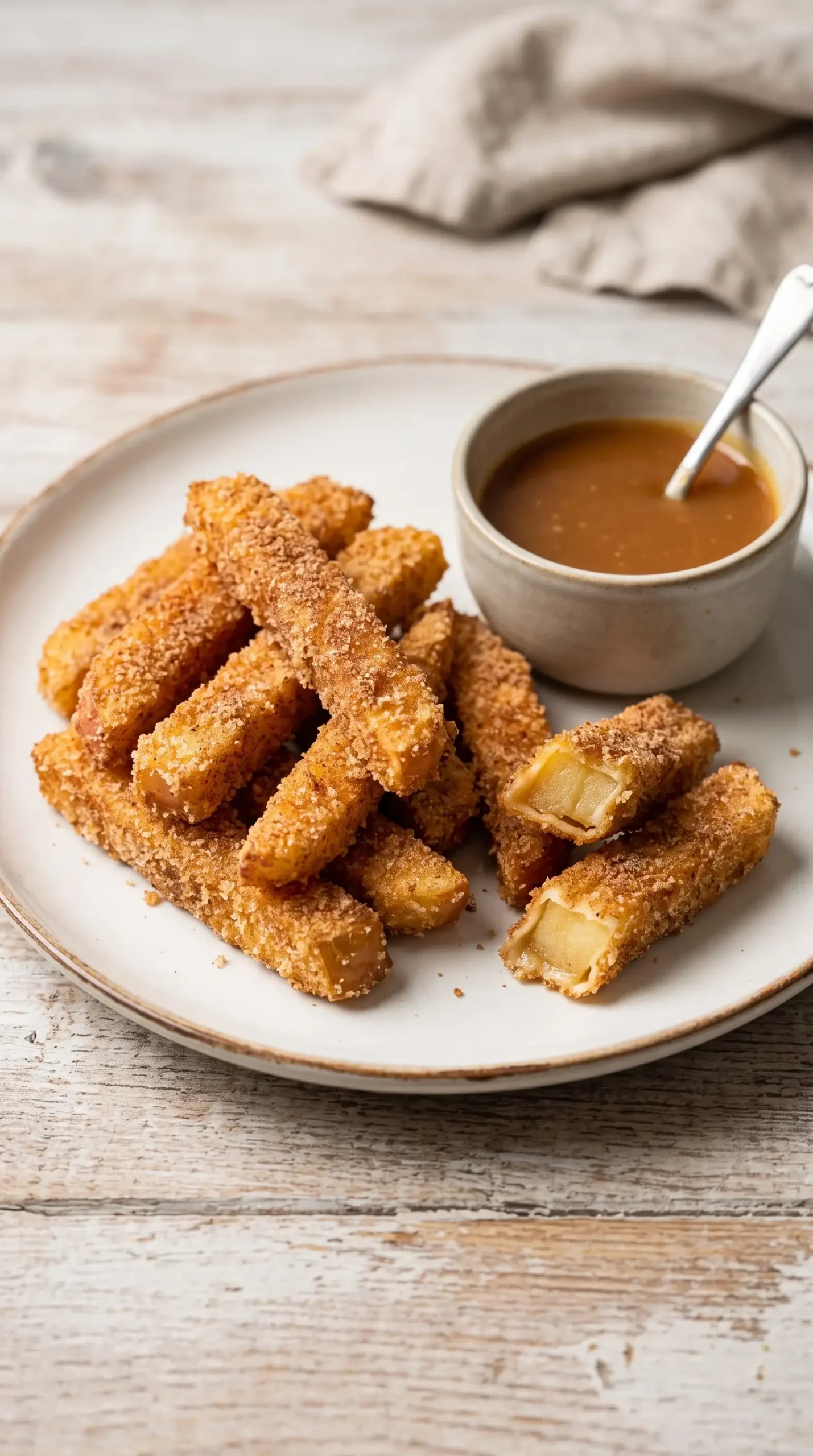 Finished cinnamon panko apple fries served with caramel dipping sauce