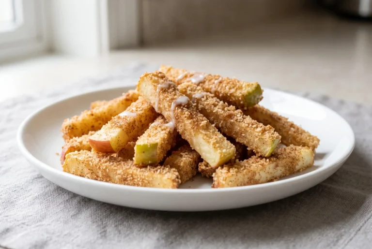 Air fryer apple fries with cinnamon sugar panko coating on a plate