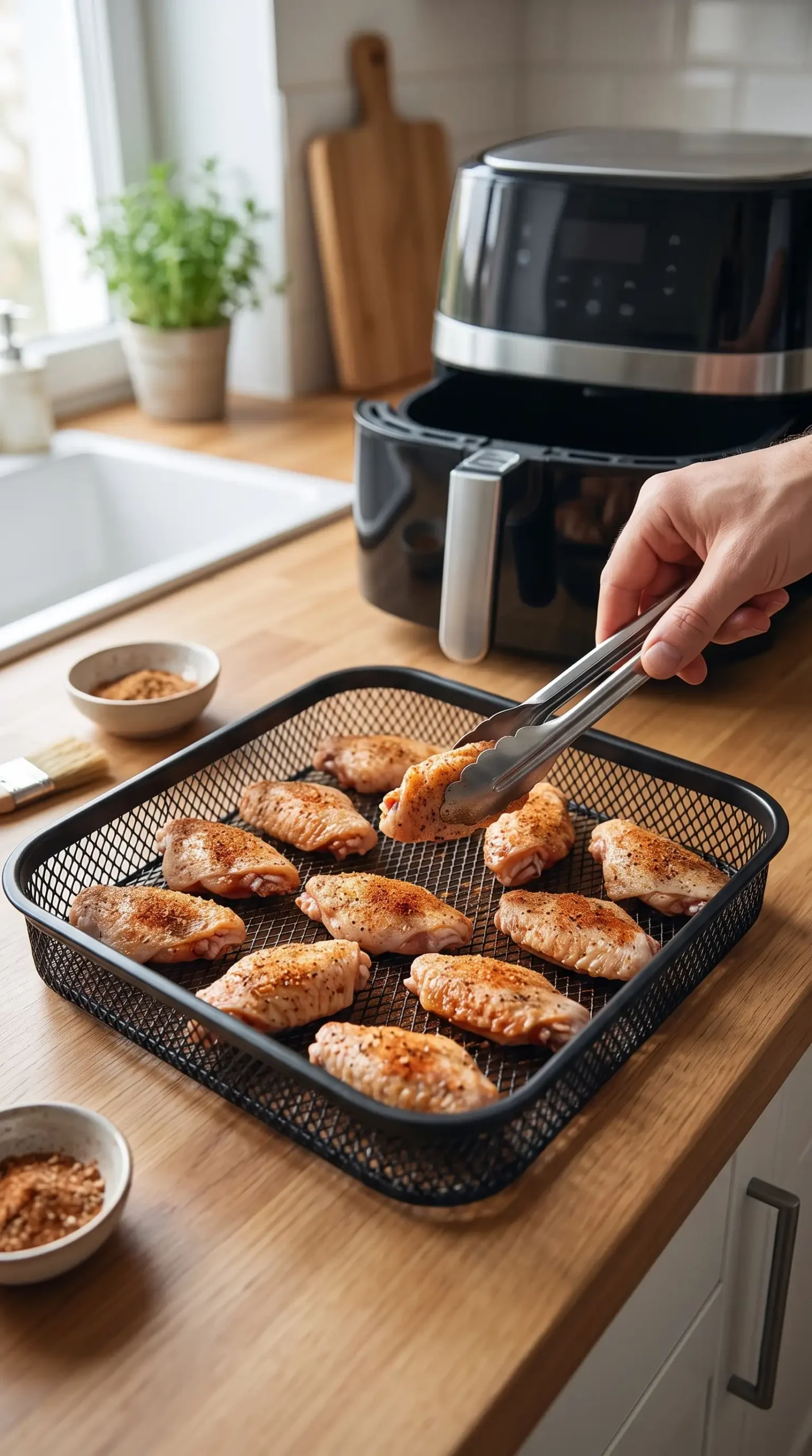 Seasoned chicken wings arranged with space in an air fryer basket