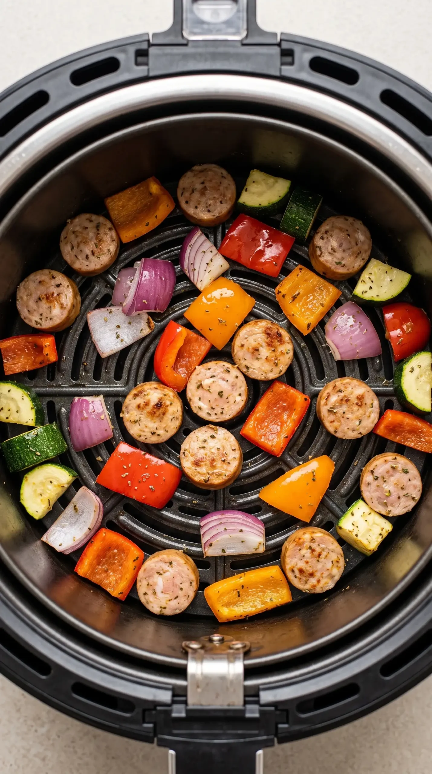 Air fryer basket with chicken sausage rounds and vegetables spaced for even cooking