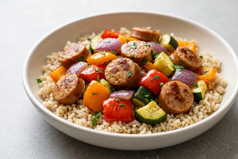 Air fryer chicken sausage with browned sausage rounds, colorful vegetables, and brown rice in a bowl