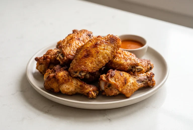Air fryer chicken wings with golden crispy skin served on a ceramic plate