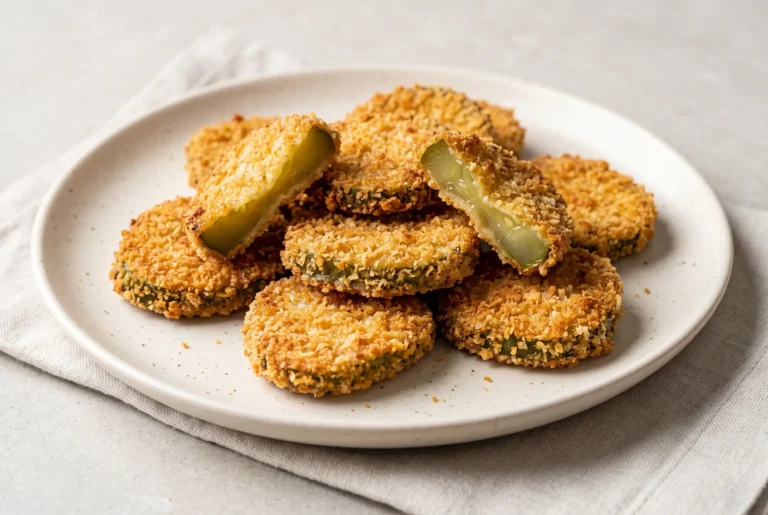 Golden air fryer pickles with crispy breadcrumb coating stacked on a light ceramic plate