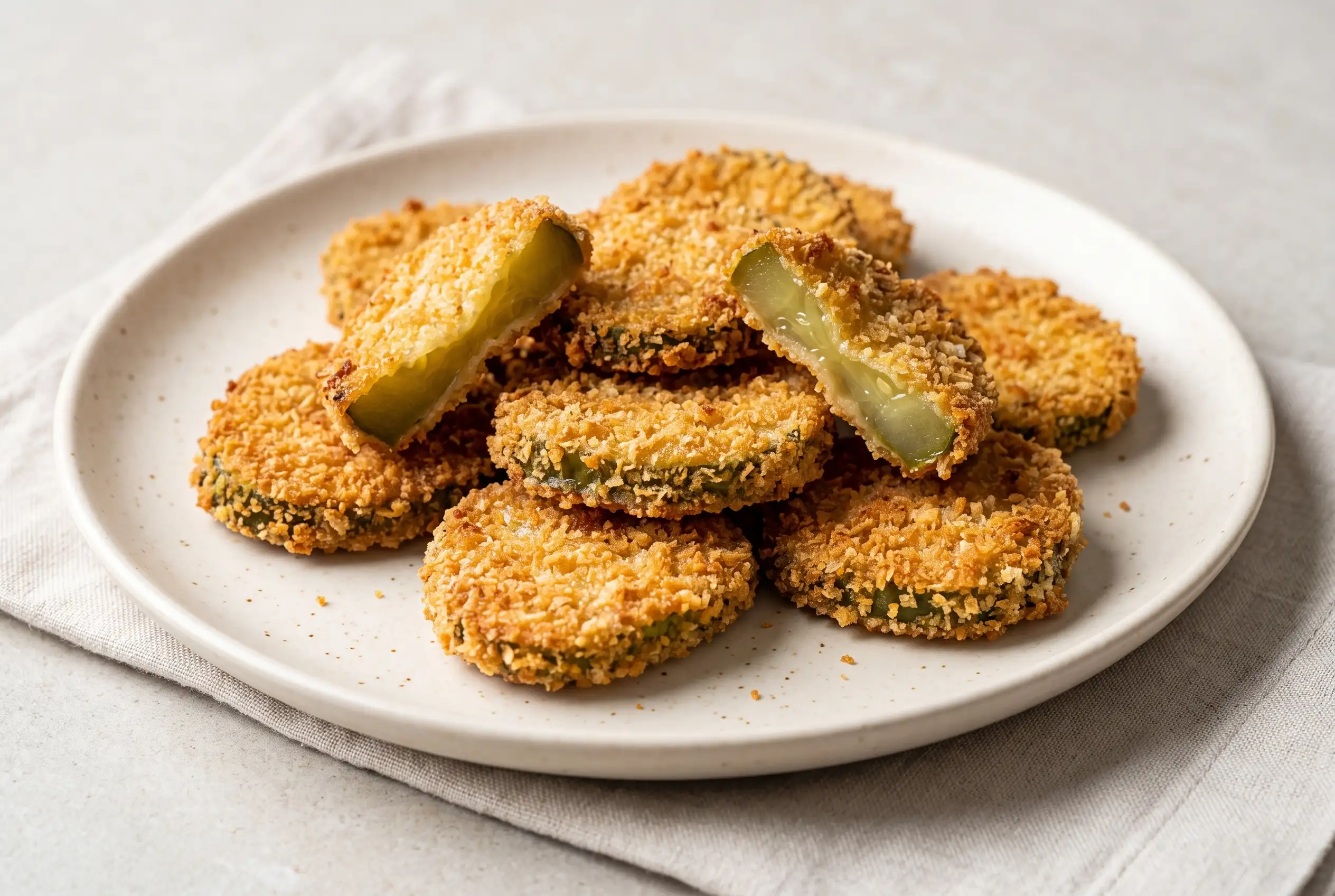 Crispy Air Fryer Pickles Golden air fryer pickles with crispy breadcrumb coating stacked on a light ceramic plate