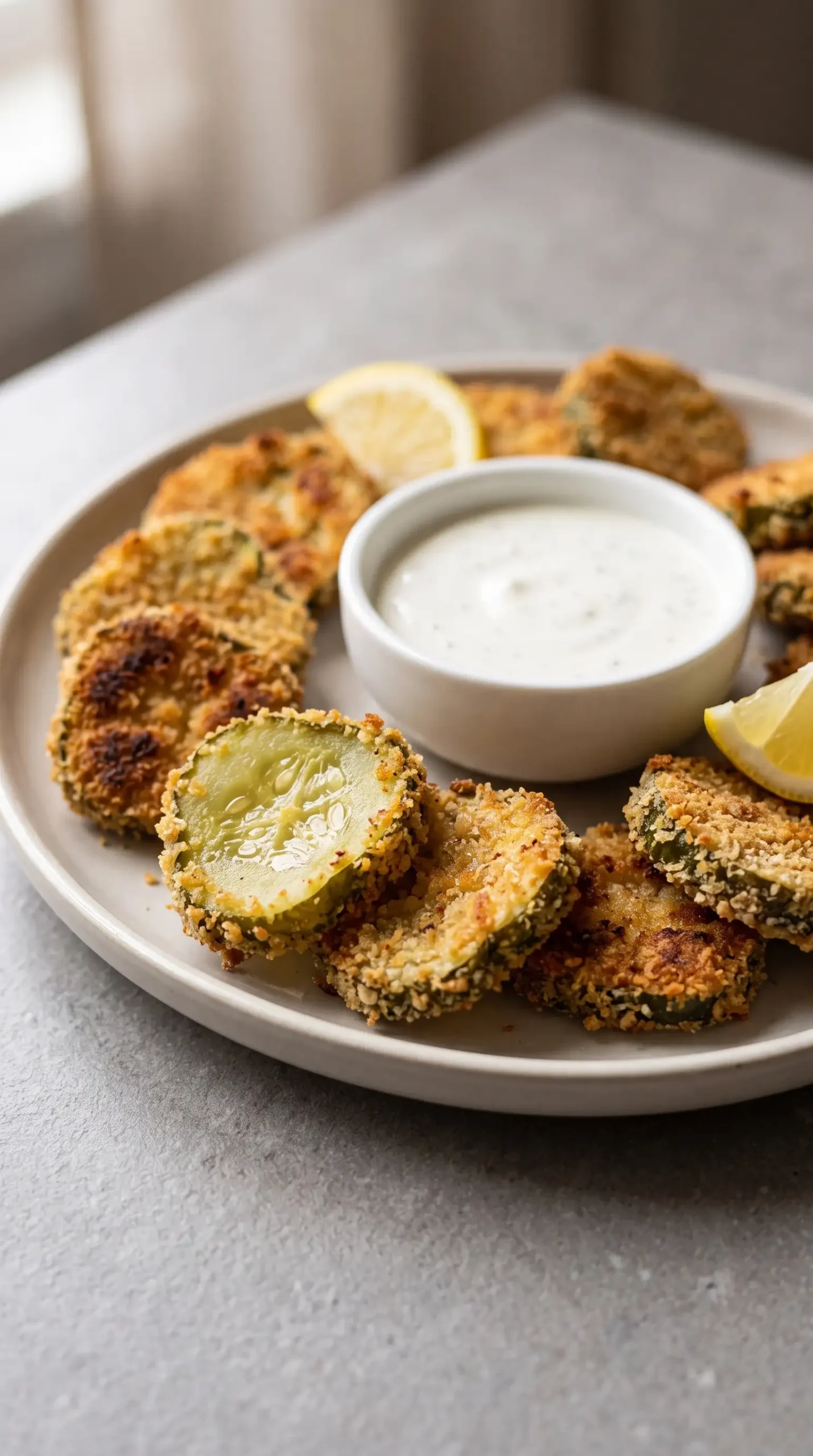 Crispy air fryer pickles arranged around ranch dip with lemon wedges
