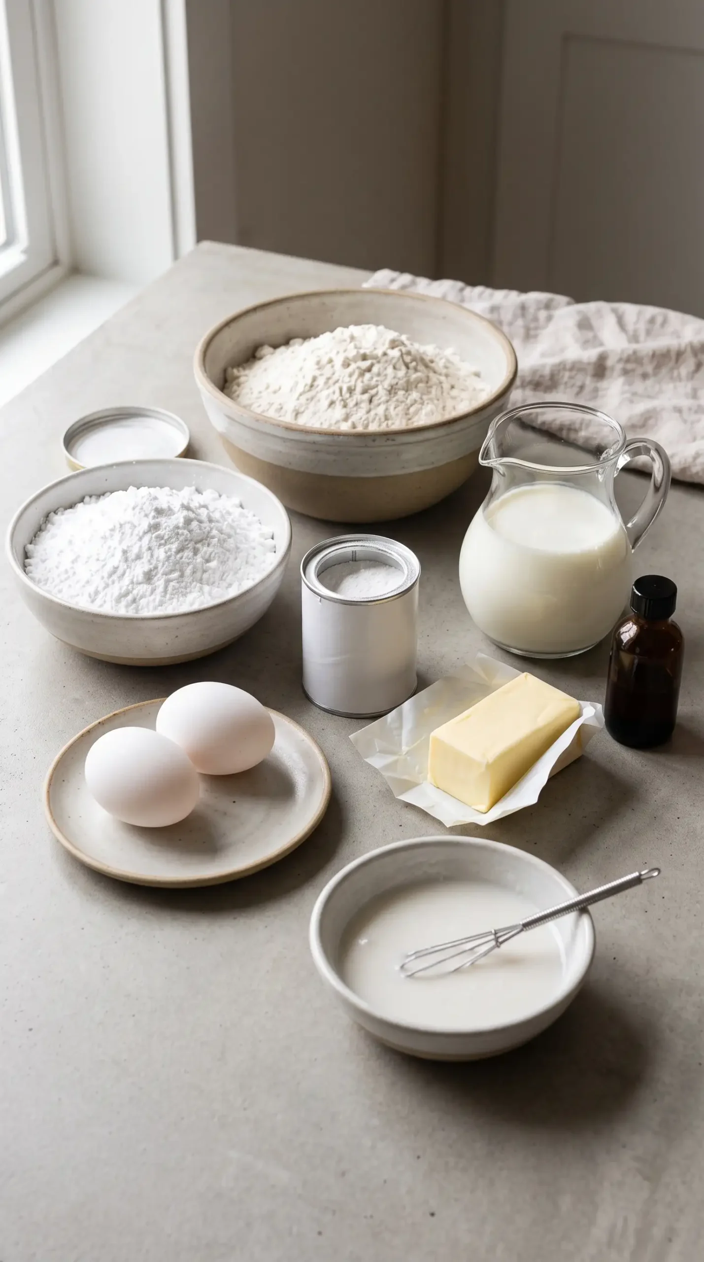 Ingredients for baked cake donuts including flour, eggs, butter, buttermilk, and glaze mixture