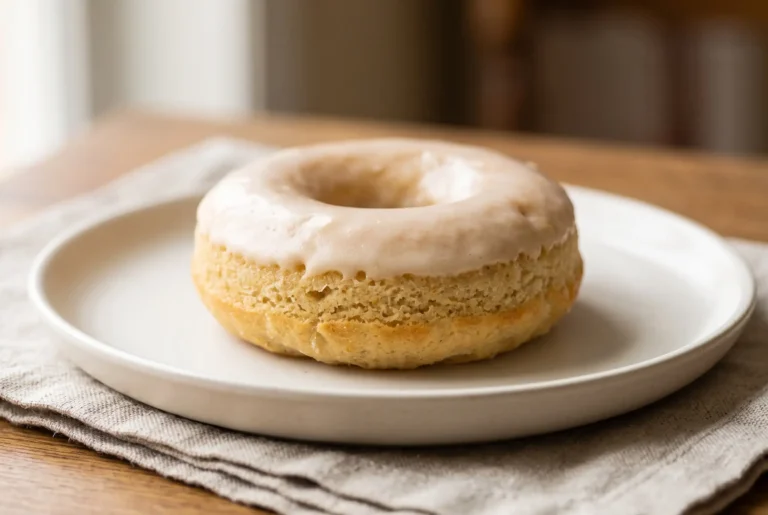 Baked cake donut with a soft crumb, golden exterior, and smooth simple glaze on a plate