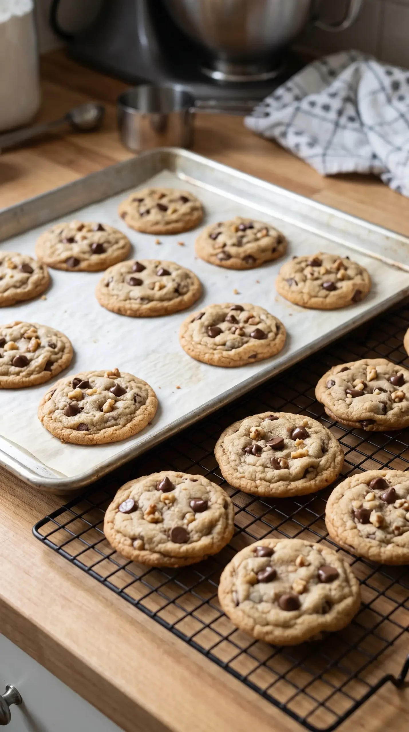 Freshly baked chocolate chip cookies with nuts cooling on a baking sheet and rack
