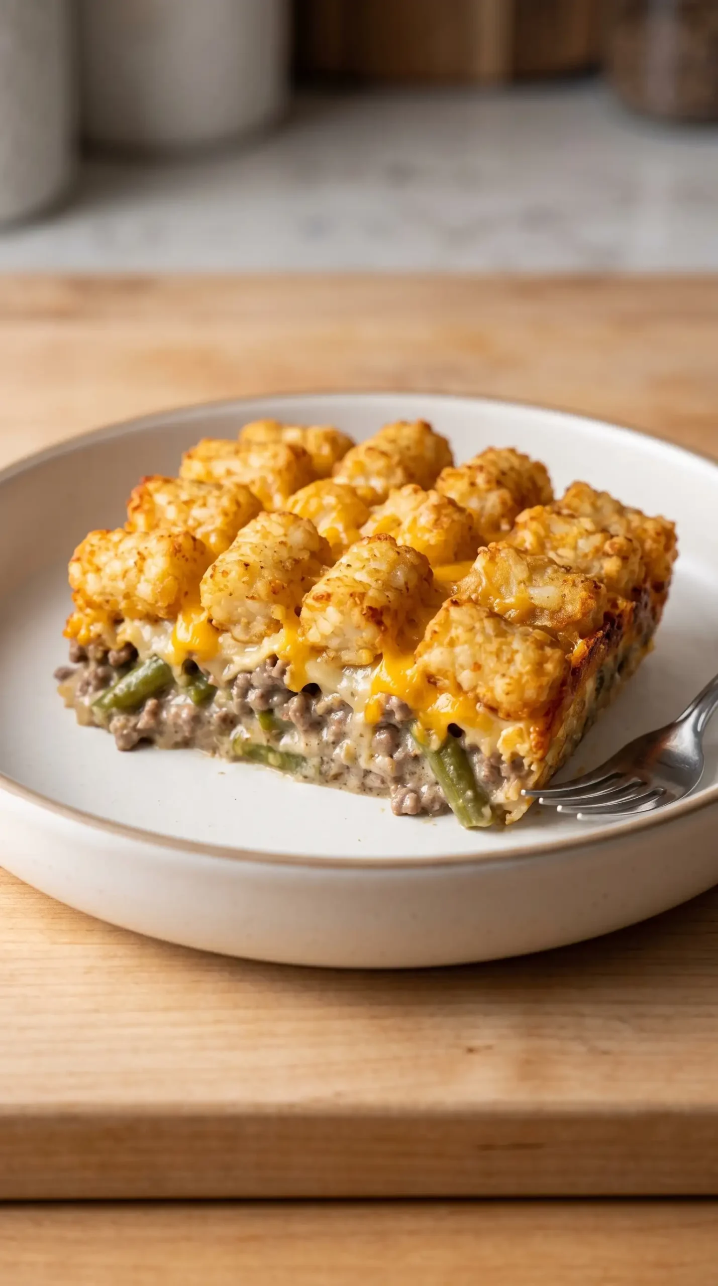 Baked tater tot casserole with ground beef, creamy filling, melted cheddar, and crispy tots.