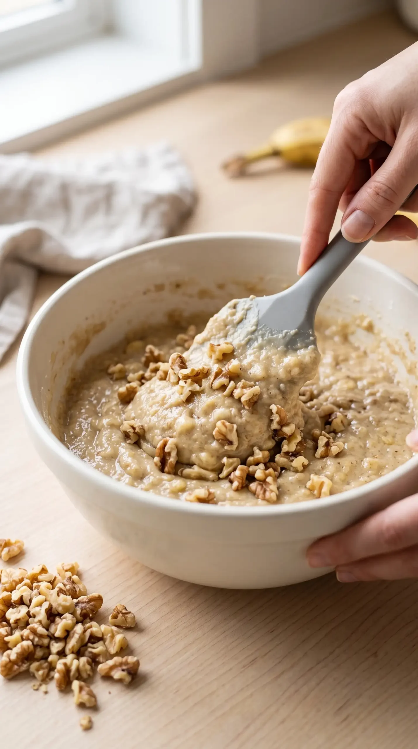 Banana nut bread batter being folded with chopped walnuts in a mixing bowl