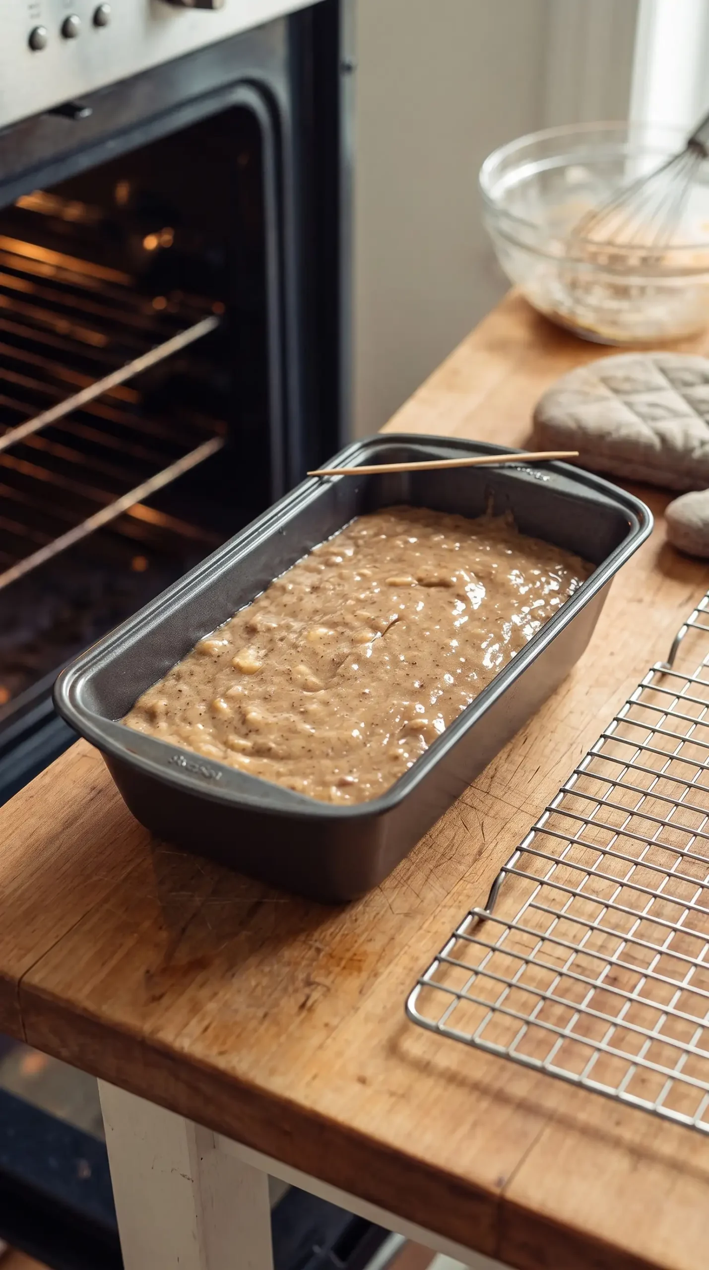 Banana bread batter in a loaf pan prepared for baking in the oven