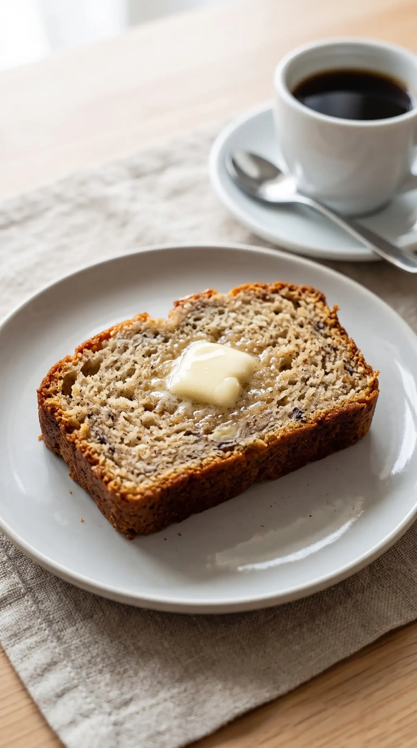 Slice of banana bread served with butter and coffee as a simple snack