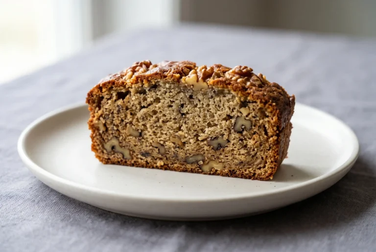 Slice of banana nut bread with a moist crumb and chopped walnuts throughout