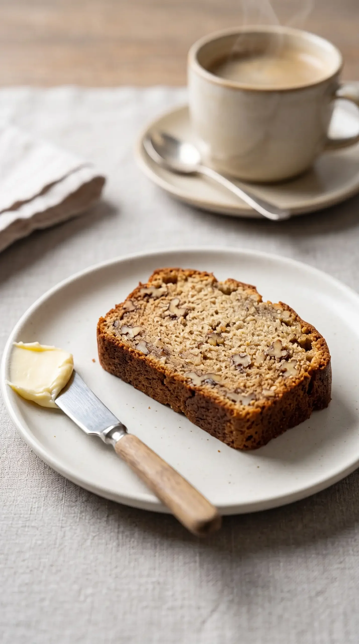 Slice of banana nut bread served with butter on a plate beside coffee