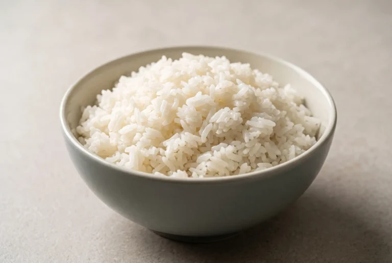 Bowl of fluffy basic jasmine rice with tender fragrant grains ready for dinner