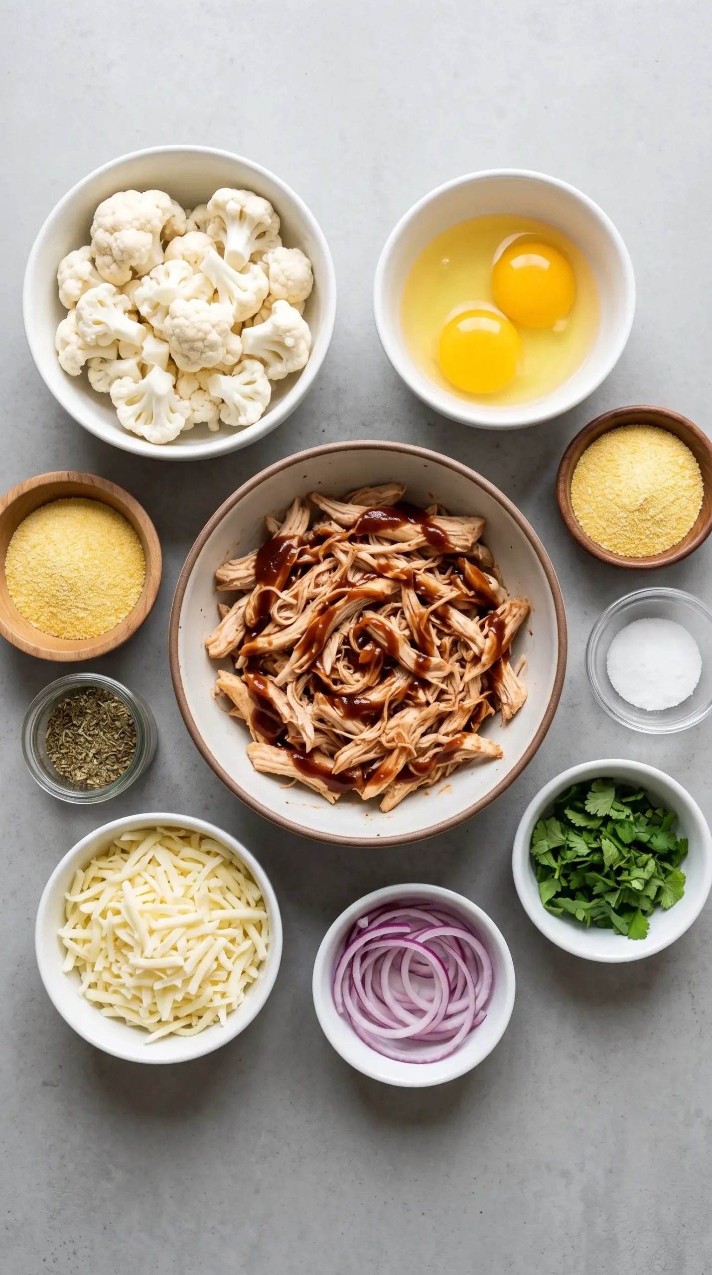 Ingredients for BBQ chicken cauliflower pizza arranged in bowls before cooking