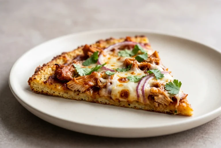 BBQ chicken cauliflower pizza slice with crisp-edged crust, mozzarella, chicken, onion, and cilantro