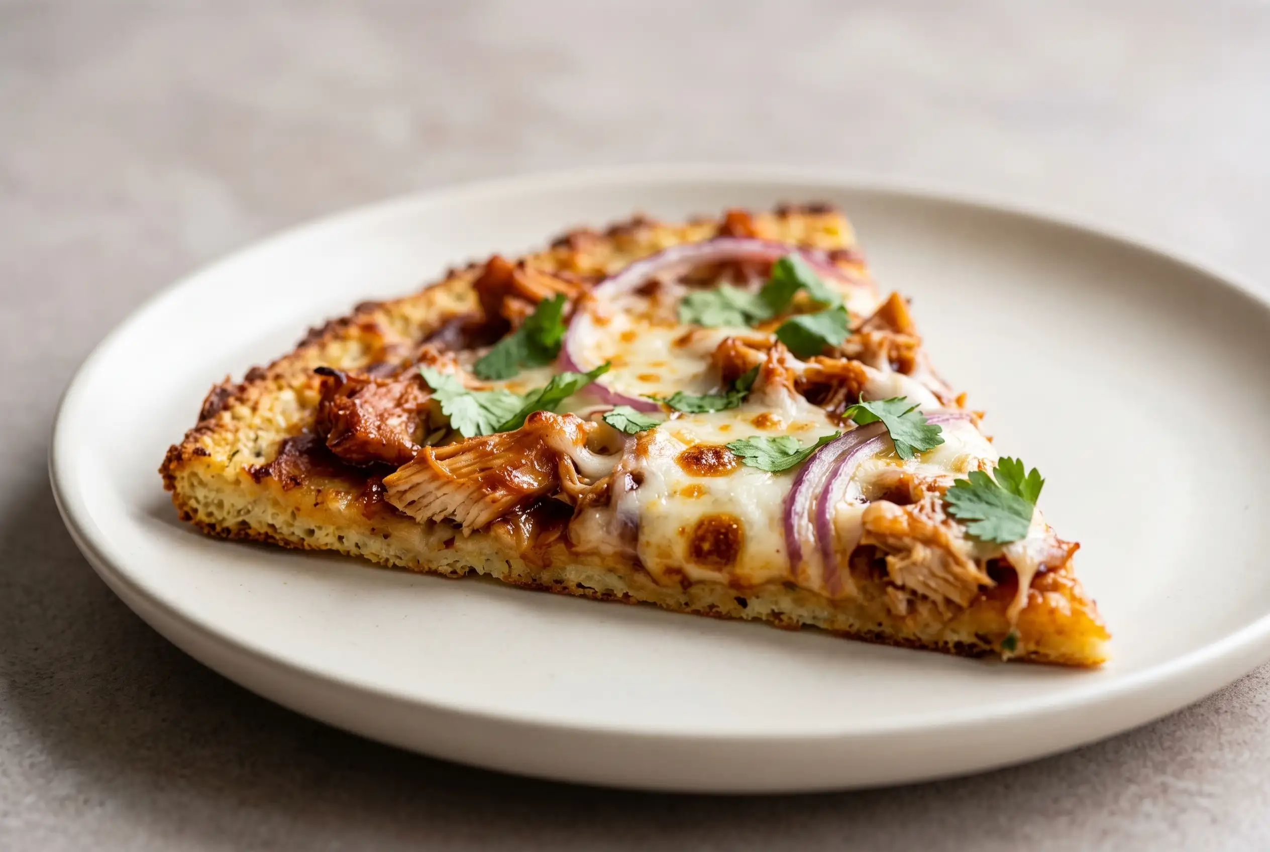 BBQ Chicken Cauliflower Pizza Slice BBQ chicken cauliflower pizza slice with crisp-edged crust, mozzarella, chicken, onion, and cilantro