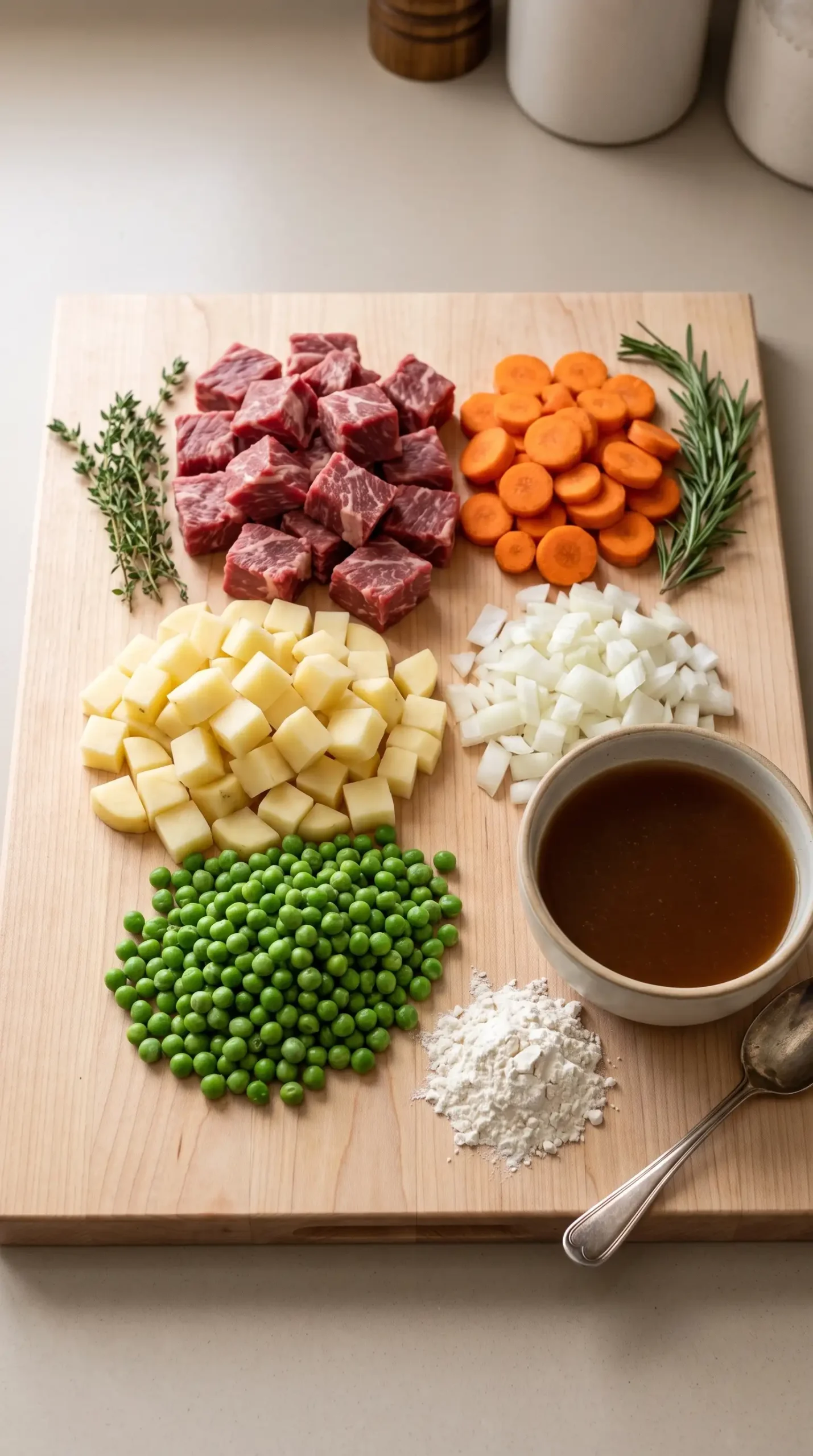 Chuck roast, carrots, potatoes, peas, herbs, and broth prepared for beef pot pie filling