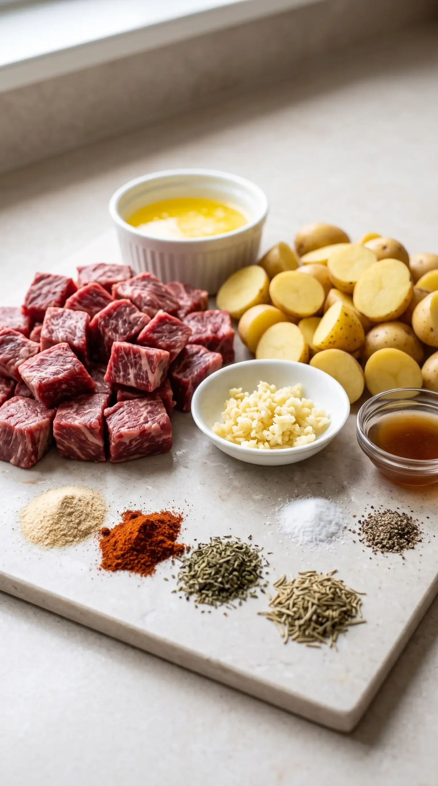 Raw beef cubes, baby potatoes, and seasonings prepared for garlic butter beef bites