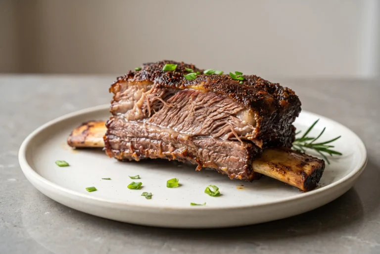 Tender oven-baked beef ribs with visible bones and a caramelized spice crust on a plate