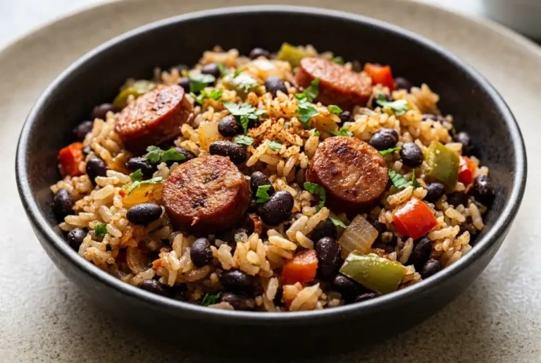 Black beans and rice with sausage served in a ceramic bowl with seasoned rice, beans, and browned sausage