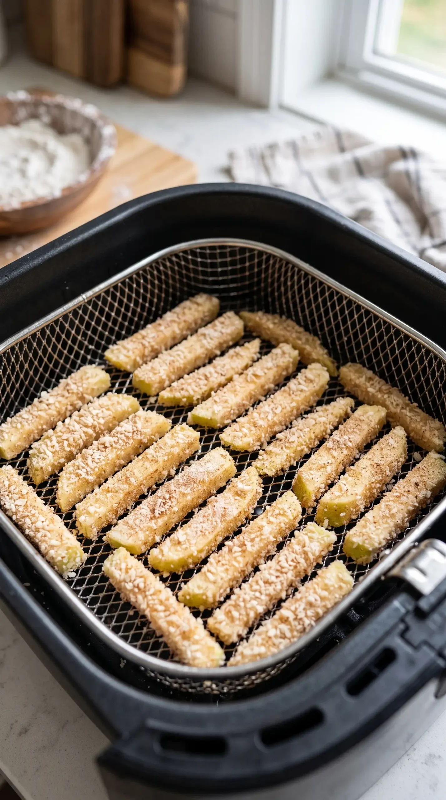 Breaded apple fries arranged in a single layer inside an air fryer basket