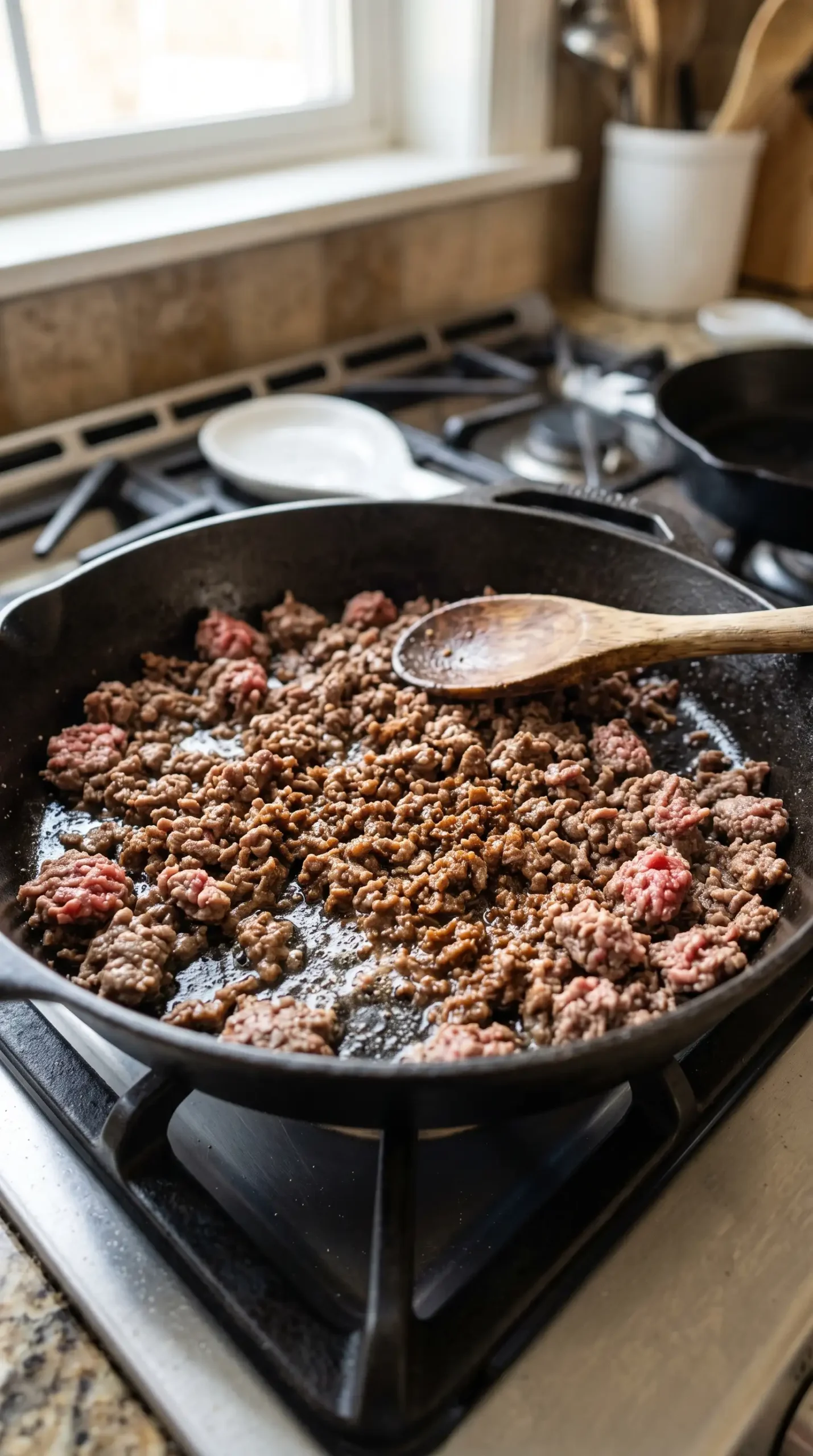 Ground beef browning in a skillet before adding rice and broth