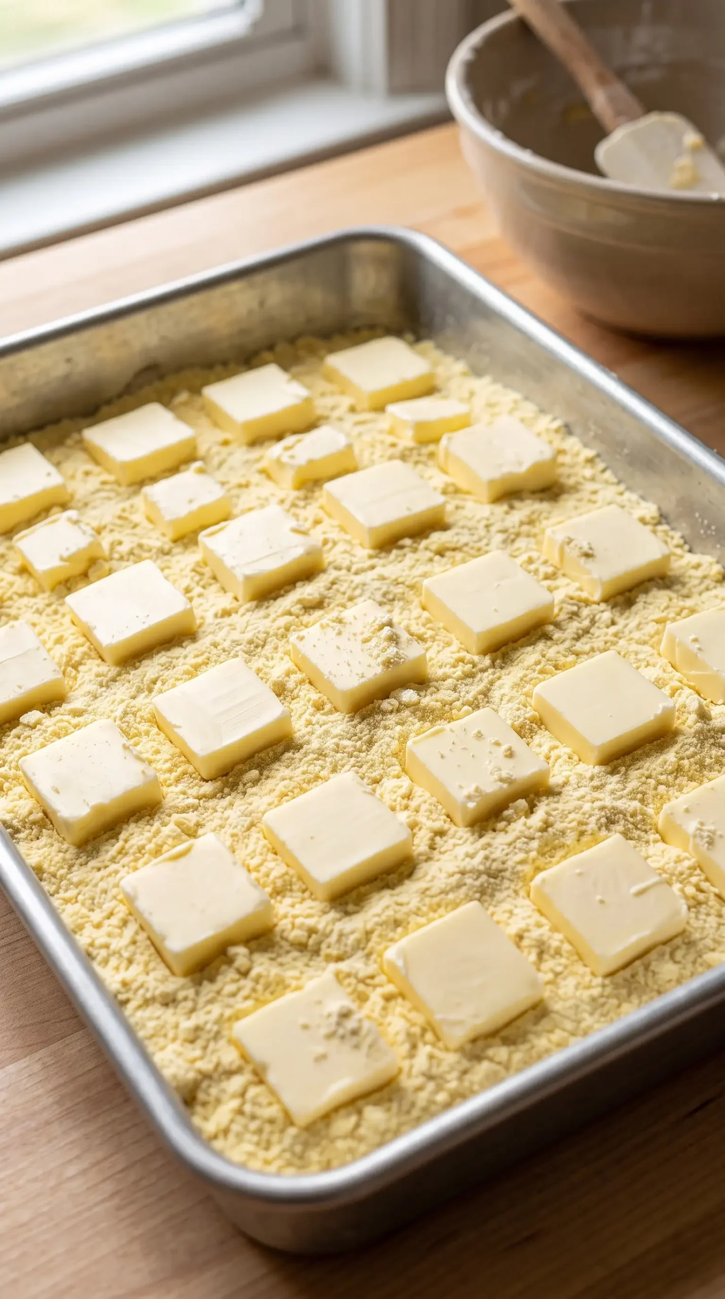 Butter pieces placed over dry cake mix topping for cherry dump cake