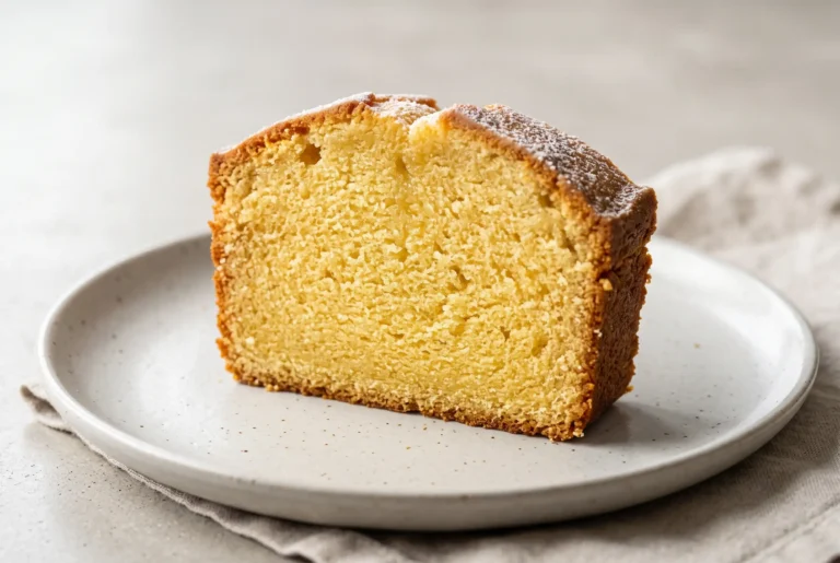 Slice of butter pound cake with a golden crumb and smooth vanilla flavor on a ceramic plate